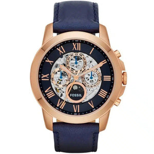 Front view of Fossil Grant ME3029 men's automatic multifunction skeleton watch with blue dial and blue leather strap.