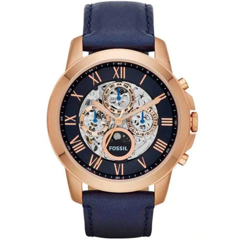 Front view of Fossil Grant ME3029 men's automatic multifunction skeleton watch with blue dial and blue leather strap.