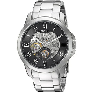 Side view of Fossil Grant ME3055 men's automatic watch with silver stainless steel case