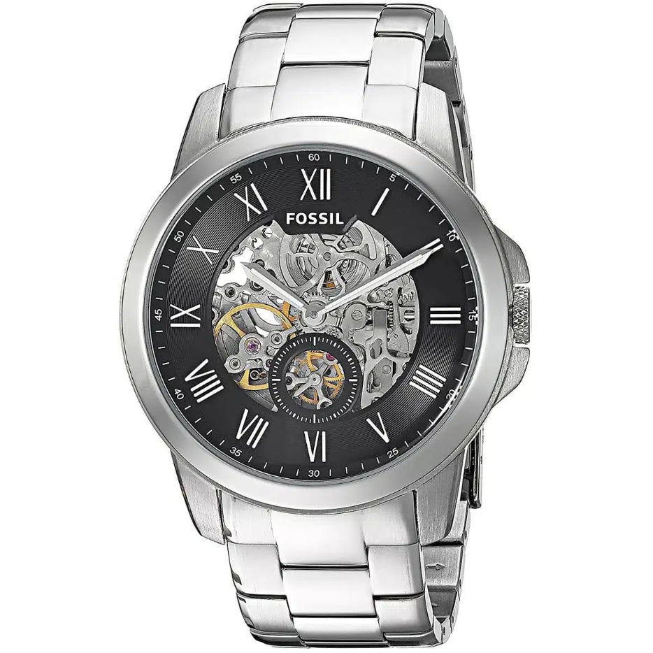 Side view of Fossil Grant ME3055 men's automatic watch with silver stainless steel case