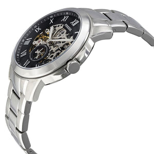 Silver wristwatch with black dial on a white background