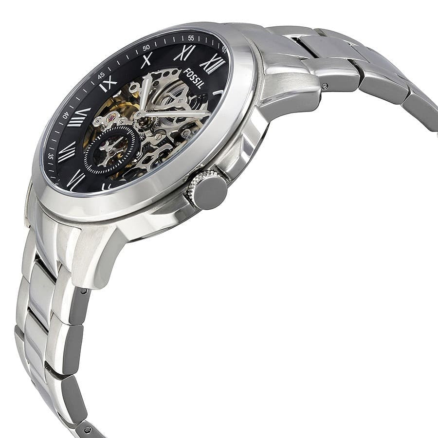 Silver wristwatch with black dial on a white background