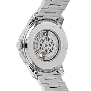 Silver watch with mechanical components on a white background