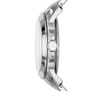 Close-up of a silver watch with a white background
