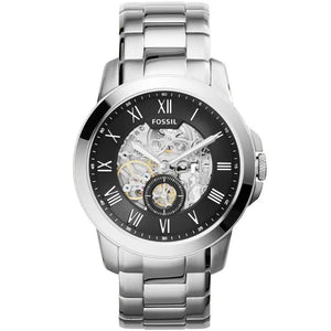 Fossil Grant ME3055 men's automatic skeleton watch with black and silver dial and silver stainless steel bracelet