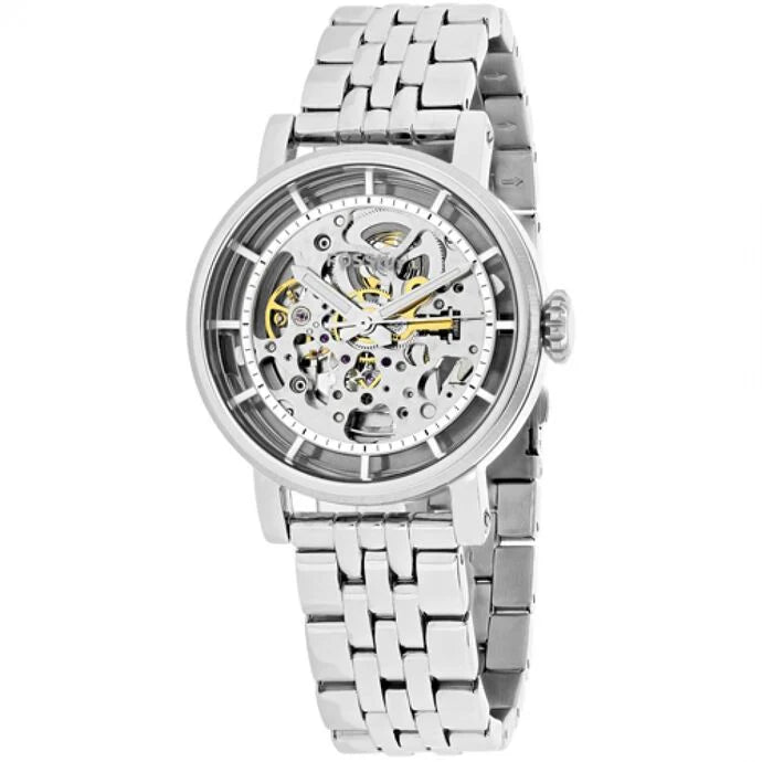 Angled real-life photo of Fossil ME3067 showing the polished silver case and metal links