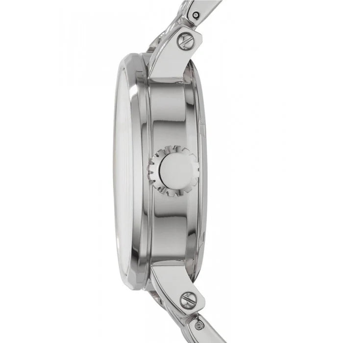 Side view photo of Fossil ME3067 showing the thickness of the automatic silver case