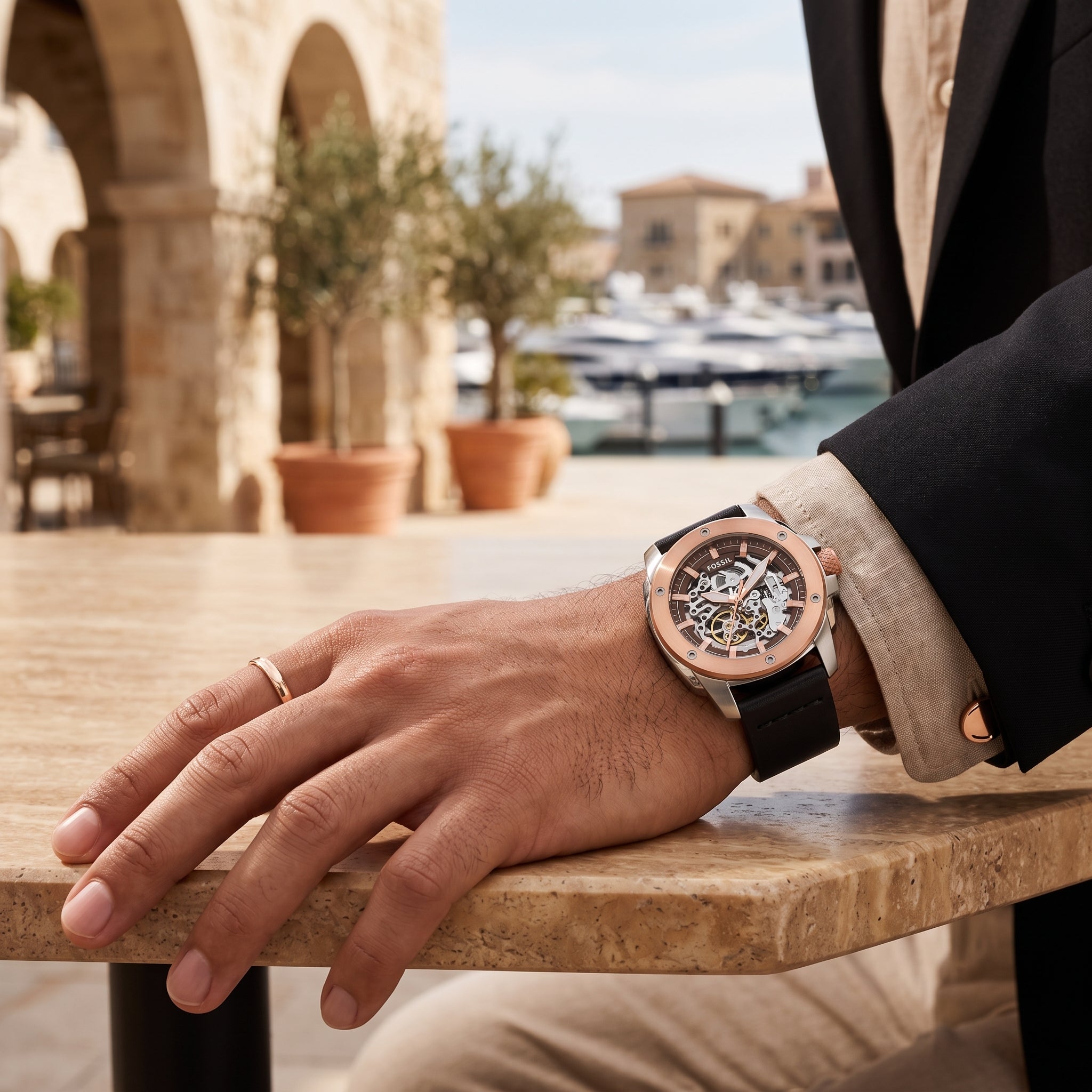 Fossil Modern Machine ME3082 men's automatic watch worn on the wrist.