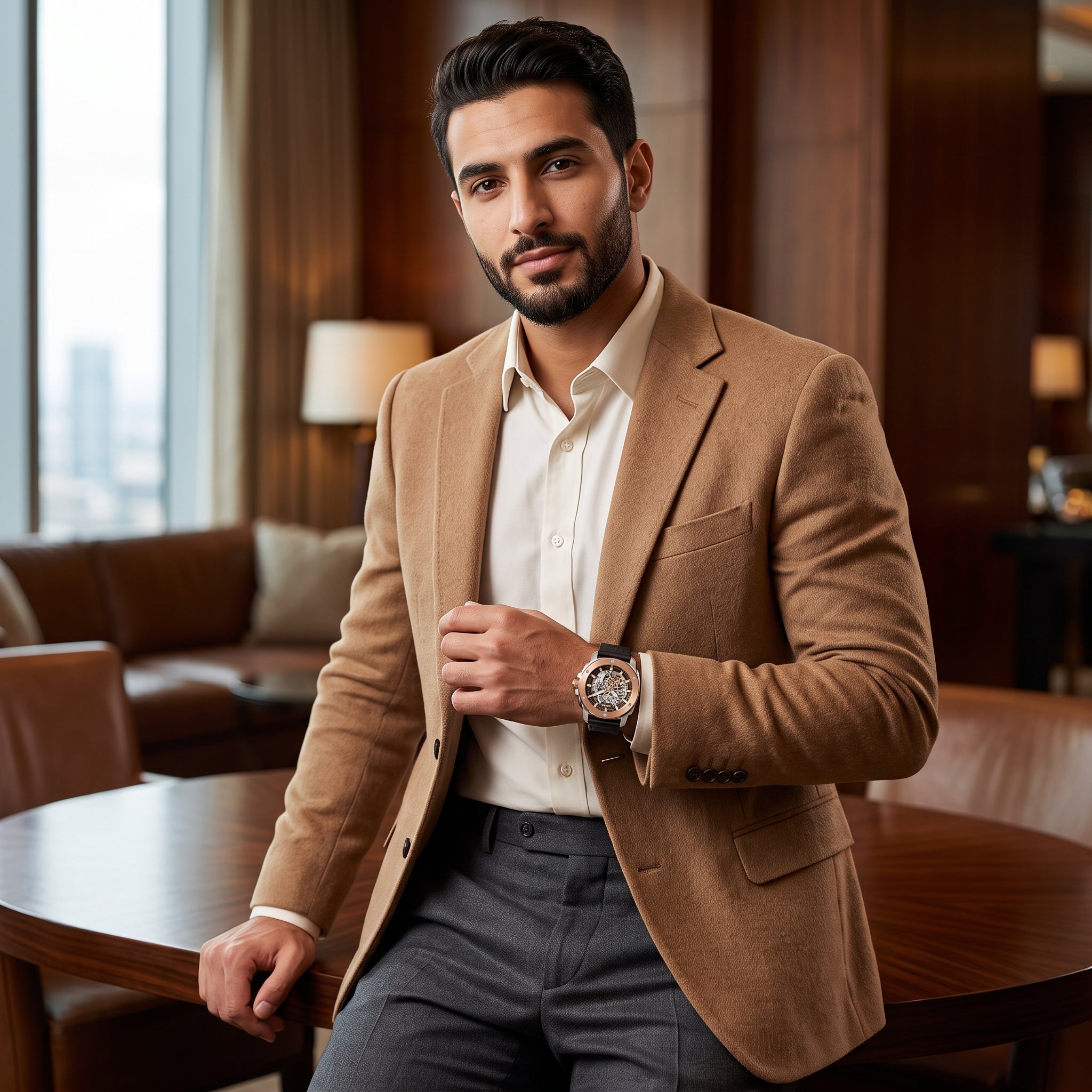 Luxury lifestyle image featuring the Fossil Modern Machine ME3082 automatic skeleton watch.