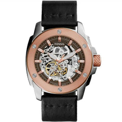 Front view of Fossil Modern Machine ME3082 men's automatic skeleton watch with black leather strap.