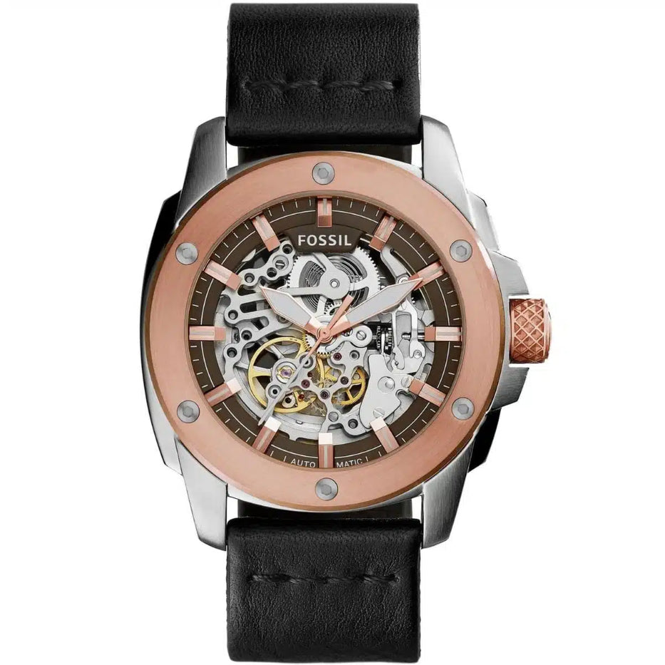 Front view of Fossil Modern Machine ME3082 men's automatic skeleton watch with black leather strap.