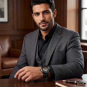 Luxury lifestyle image featuring the Fossil Townsman ME3096 automatic watch.