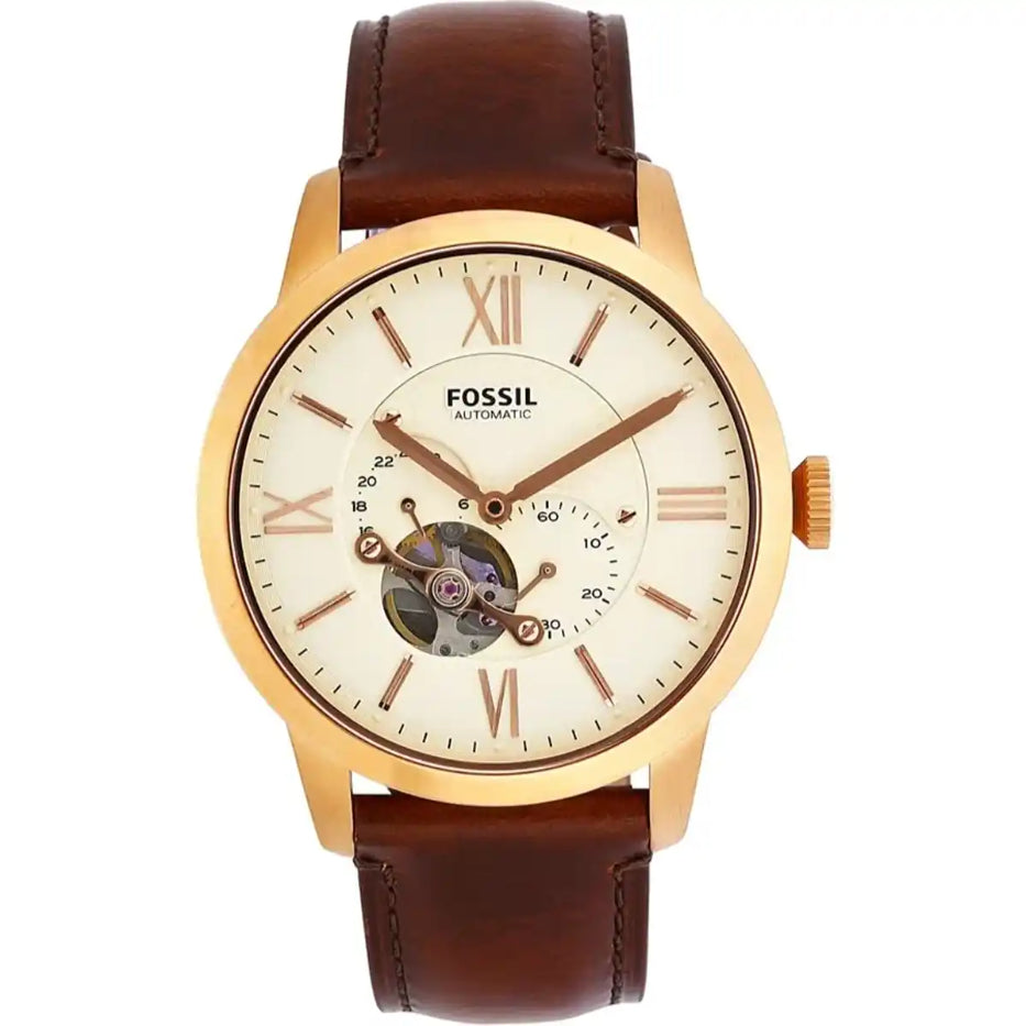 Front view of Fossil Townsman ME3105 men's automatic watch with cream dial and brown leather strap.