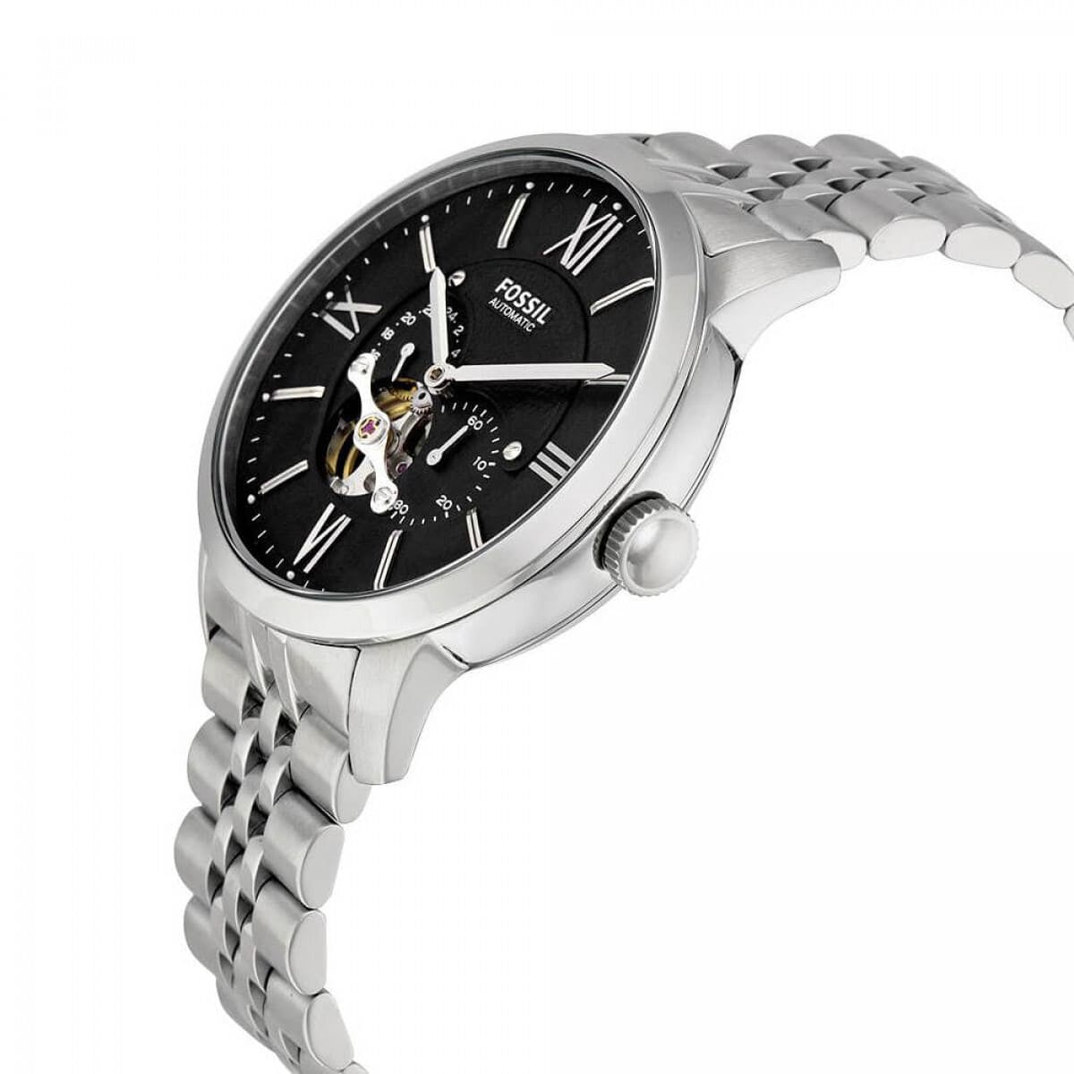 Silver Fossil watch with black dial on a white background