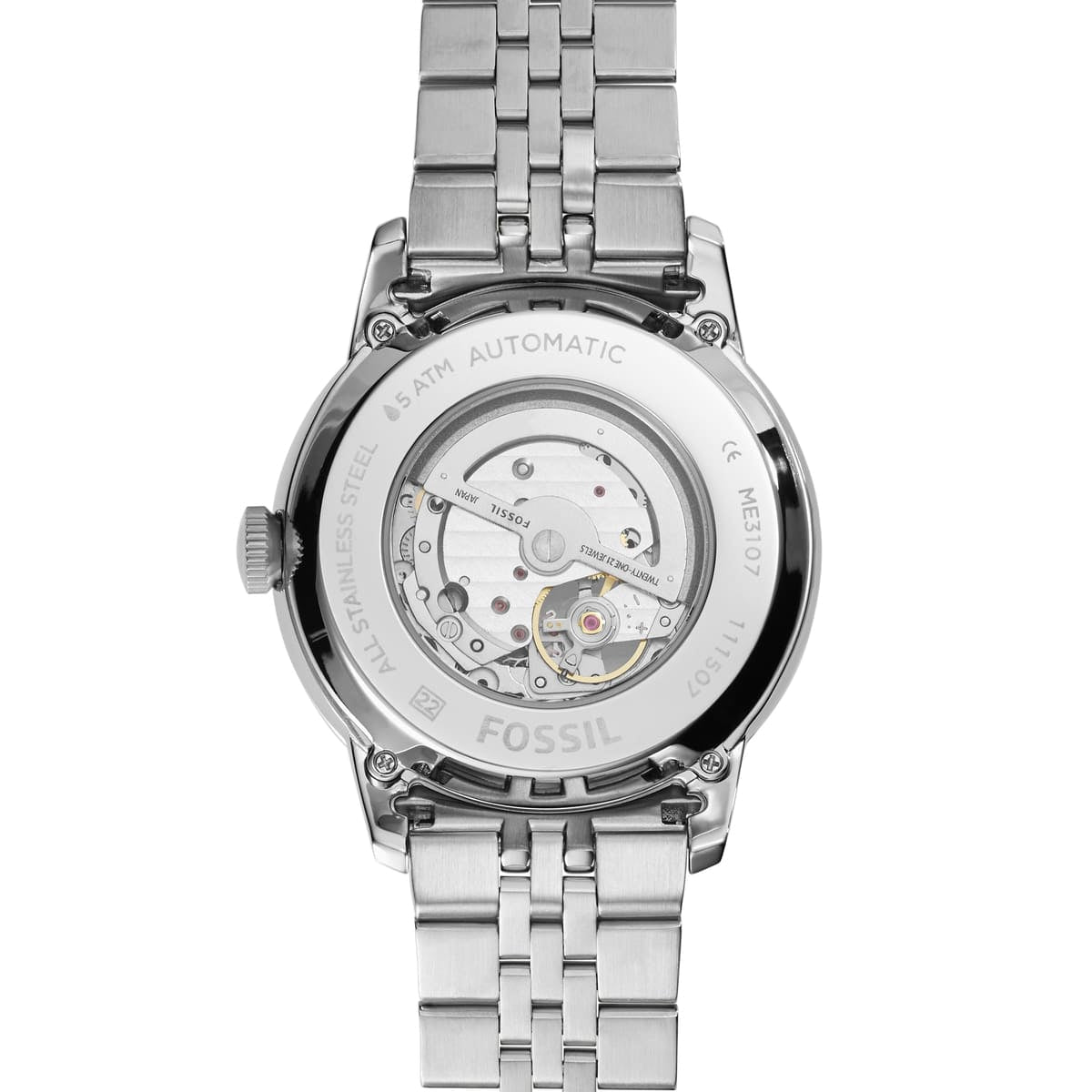 Silver watch with visible brand name on a white background