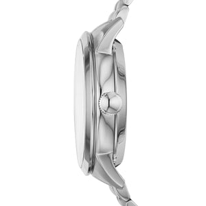 A close-up side profile of a silver stainless steel watch with a matching metal link band, set against a plain white background.