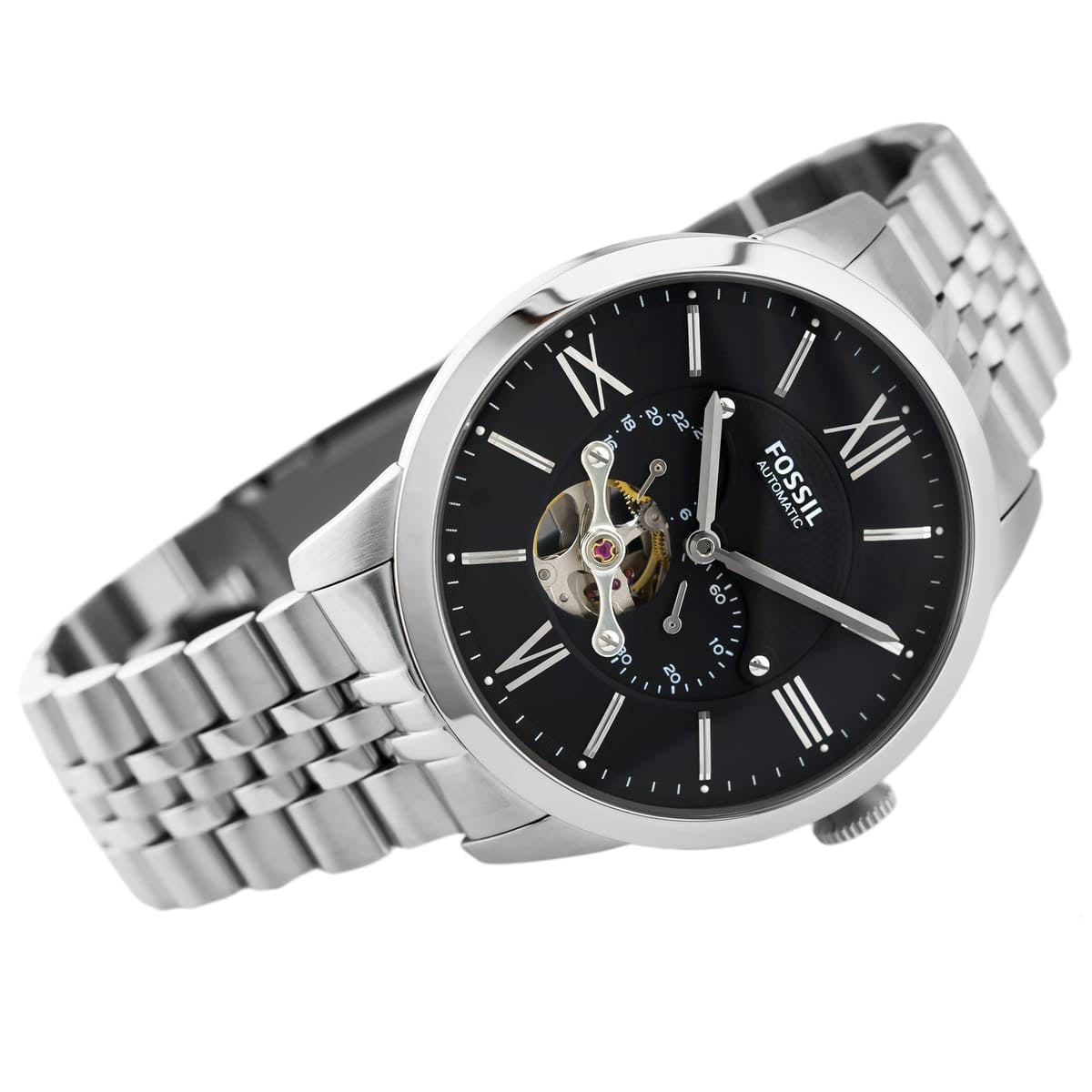 Silver wristwatch with black dial and visible brand name on a white background