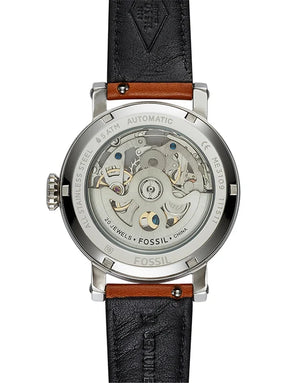Back view photo of Fossil ME3109 showing the transparent caseback and mechanical rotor