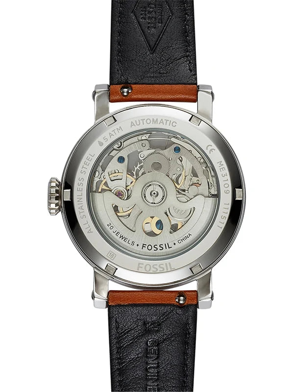 Back view photo of Fossil ME3109 showing the transparent caseback and mechanical rotor