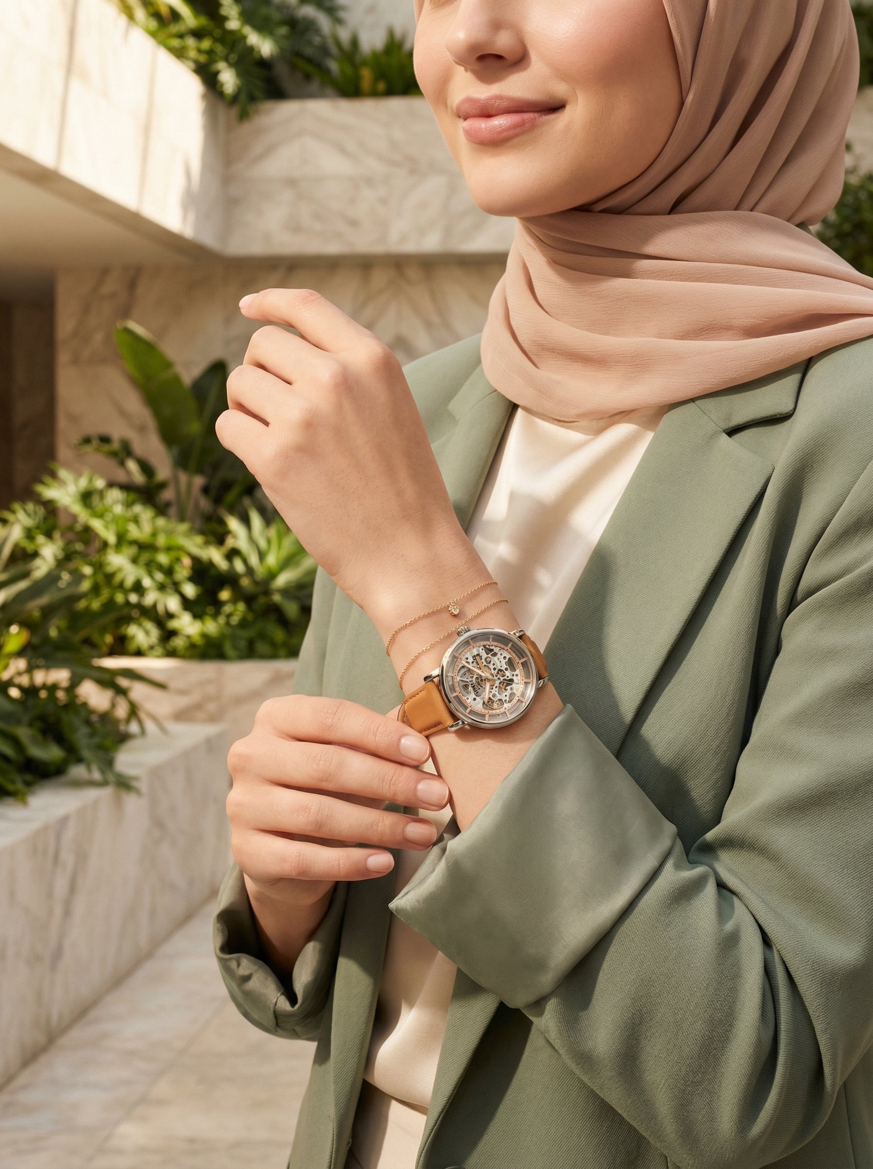 Lifestyle photo of Fossil ME3109 showing the bold boyfriend automatic watch on a woman's wrist