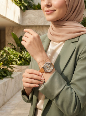 Lifestyle photo of Fossil ME3109 showing the bold boyfriend automatic watch on a woman's wrist