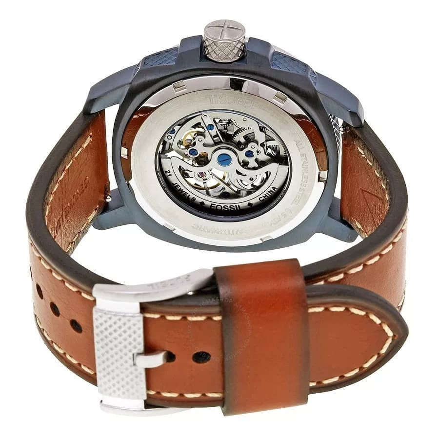Buckle clasp detail of the Fossil Modern Machine ME3135 brown leather strap.