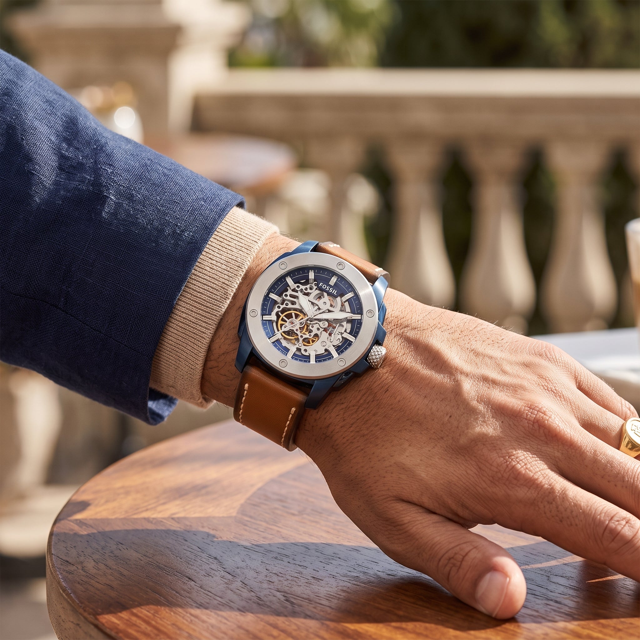 Fossil Modern Machine ME3135 men's automatic watch worn on the wrist.