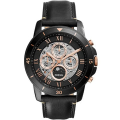 Front view of Fossil Grant Sport me3138 men's automatic multifunction skeleton watch with black dial and black leather strap.