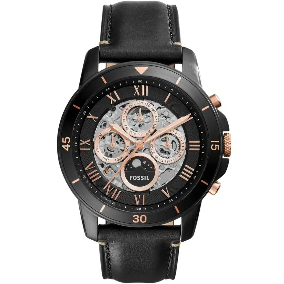 Front view of Fossil Grant Sport me3138 men's automatic multifunction skeleton watch with black dial and black leather strap.