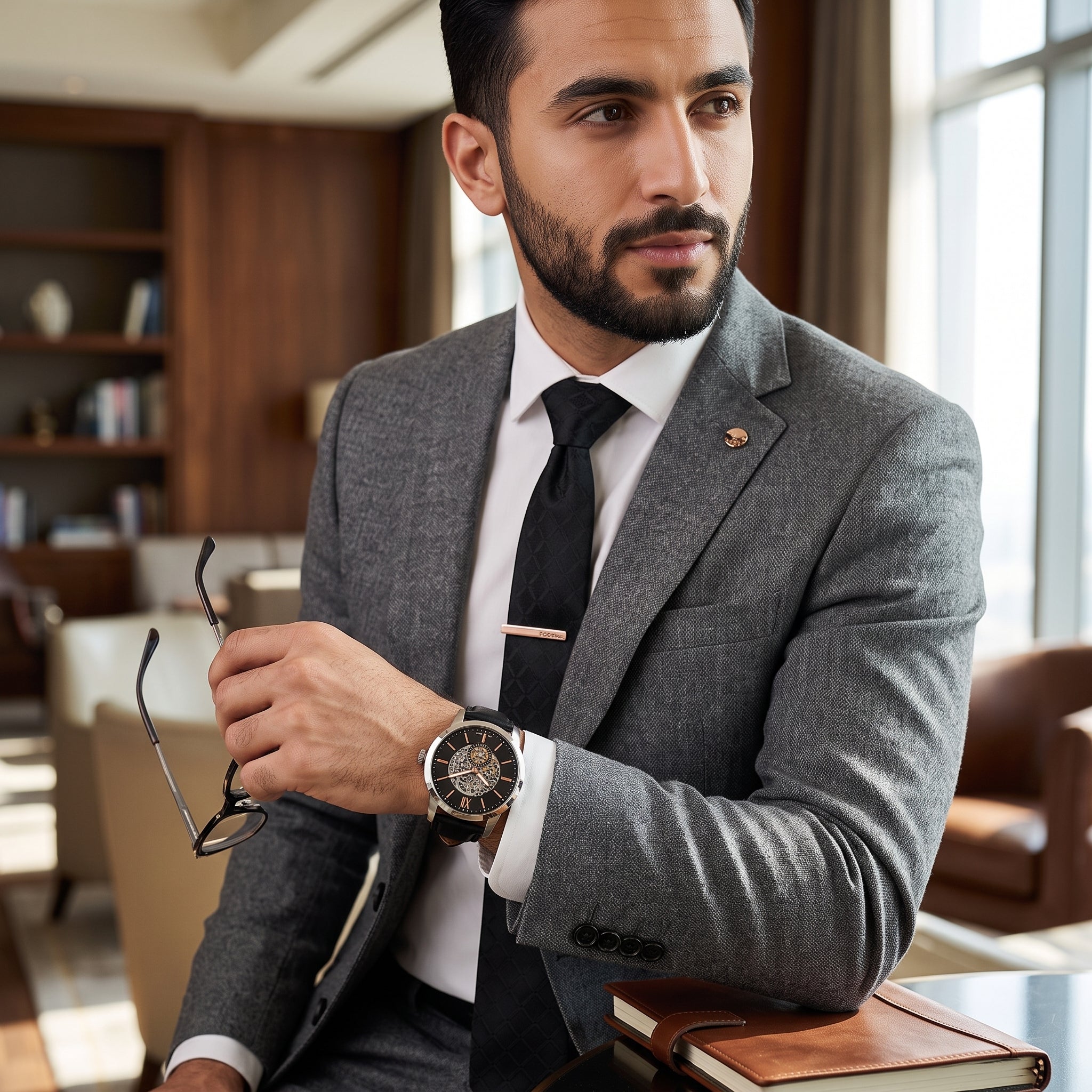 Luxury lifestyle image featuring the Fossil Townsman ME3153 automatic watch.