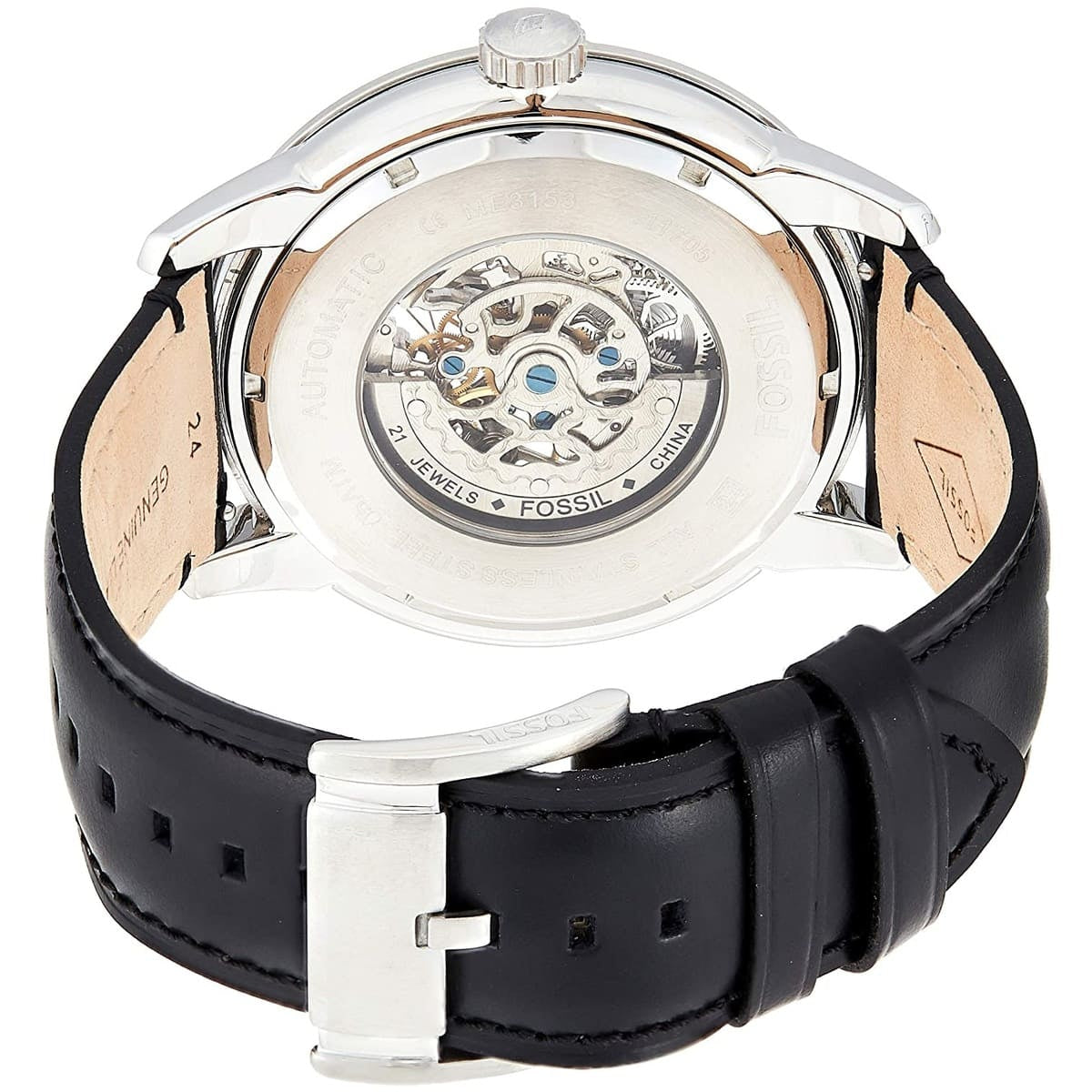Fossil watch with black leather strap and visible mechanical components on a white background