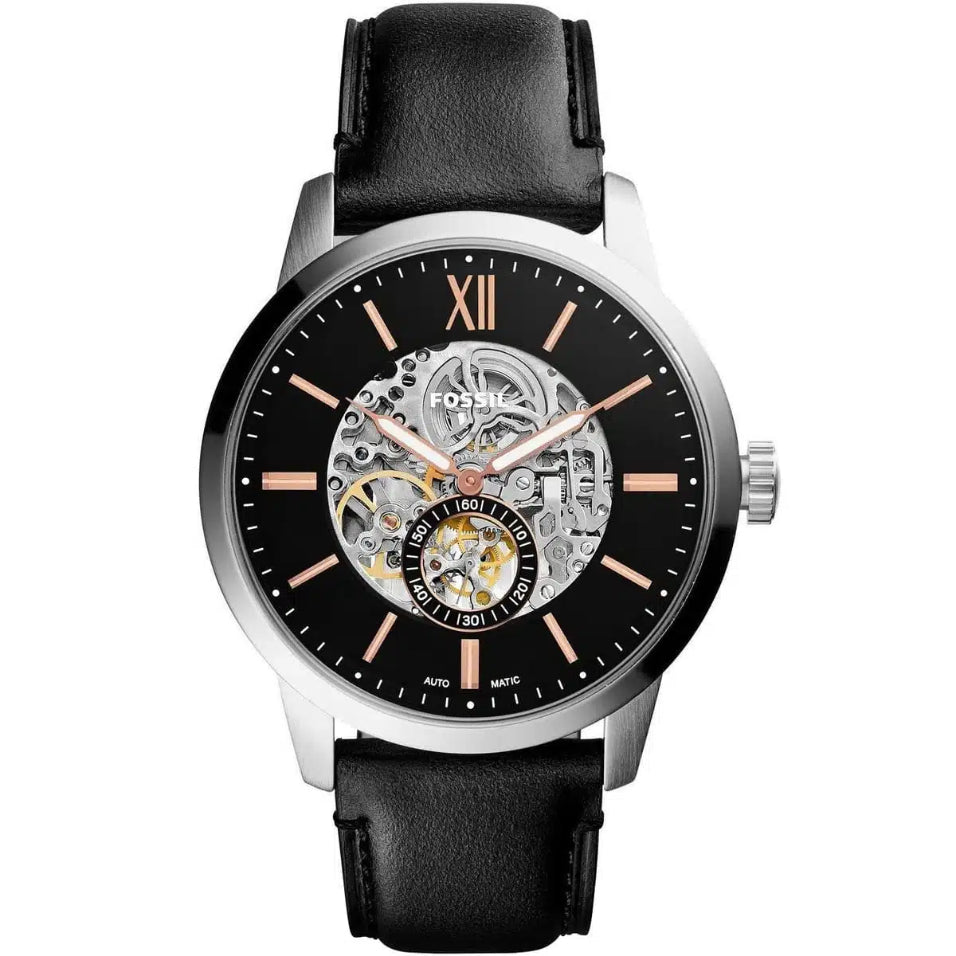 Front view of Fossil Townsman ME3153 men's automatic skeleton watch with black dial and black leather strap.