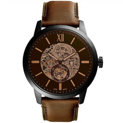 Front view of Fossil Townsman ME3155 men's automatic skeleton watch with brown dial and brown leather strap.
