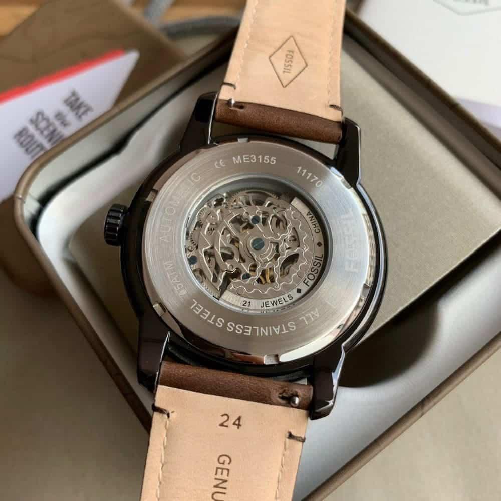 Exhibition case back of the Fossil Townsman ME3155 automatic watch.