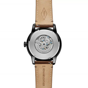 Watch with a brown leather strap and visible brand logo on a white background
