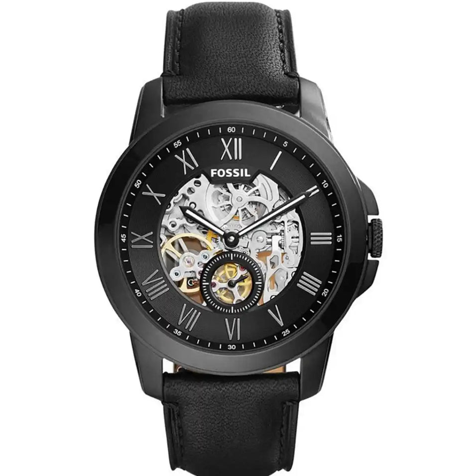 Front view of Fossil Townsman ME3096 men's automatic skeleton watch with black dial and black leather strap.