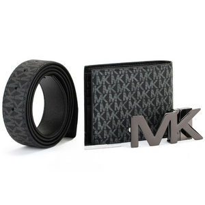 Display of a Michael Kors men's black gift set showcasing the wallet's interior slots, rolled reversible belt, and rotating metal MK buckle