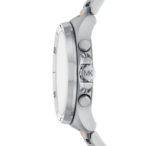 Side profile showing the rose gold-tone textured crown and chronograph pushers of the Michael Kors MK9065