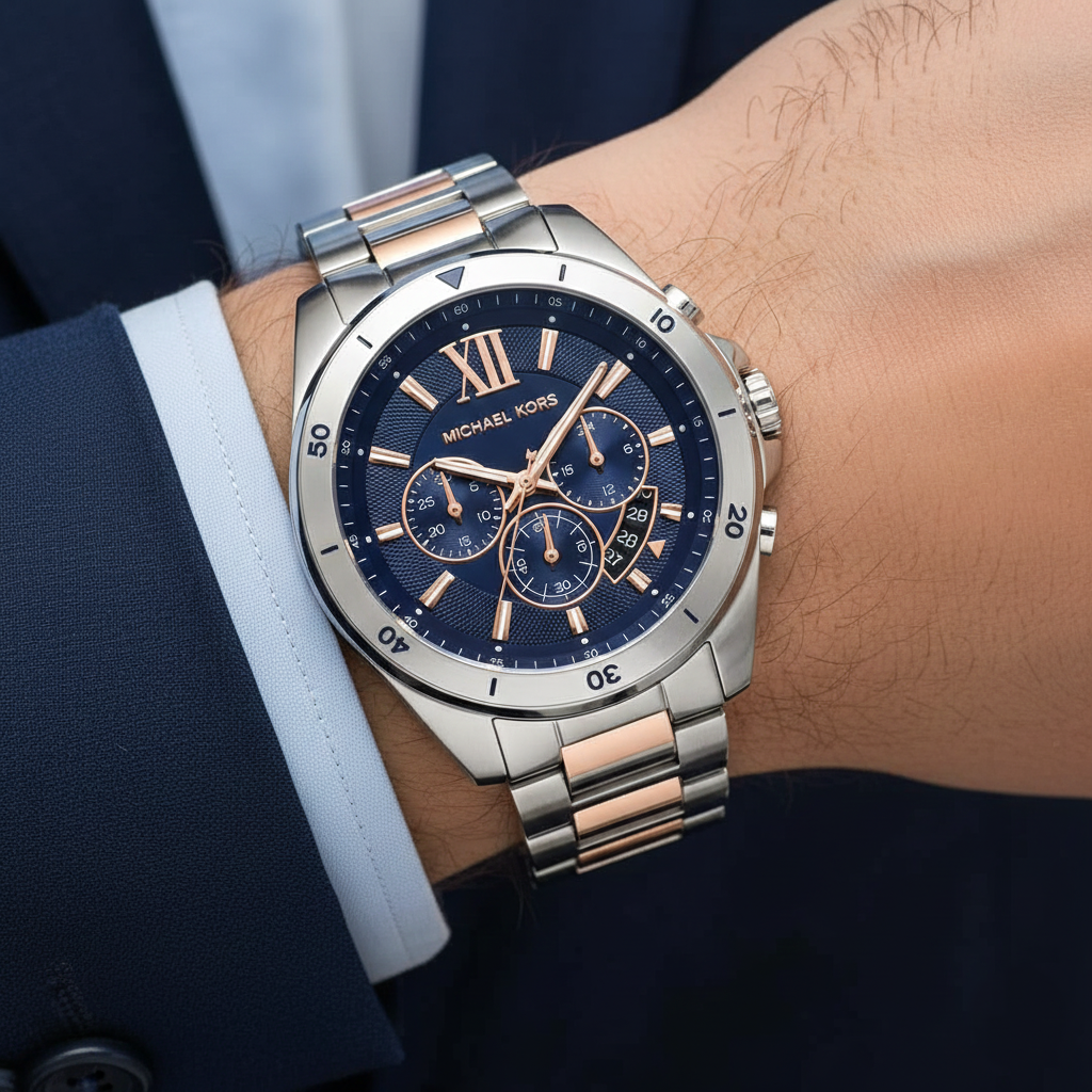 Detailed view of the silver and rose gold-plated stainless steel link bracelet for the MK9065 watch