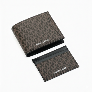 Top-down view of a Michael Kors men's brown gift set featuring a monogram MK patterned bifold wallet and a matching separate cardholder