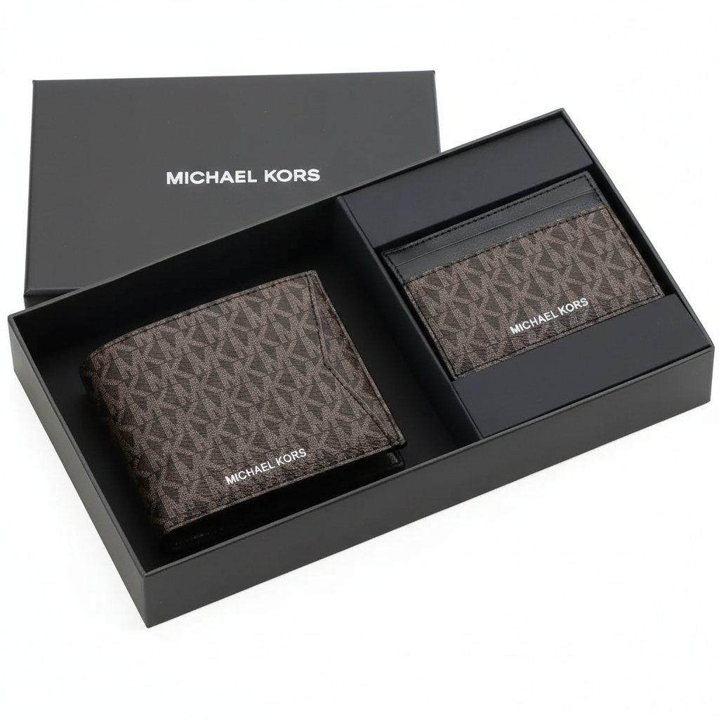 Top-down view of a Michael Kors men's brown MK patterned wallet and matching cardholder securely displayed inside an open black branded gift box