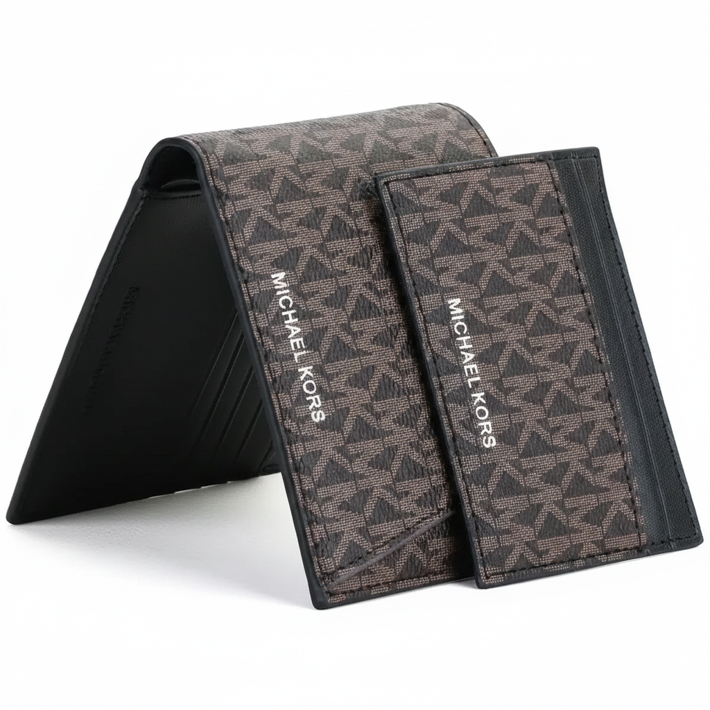 Perspective view of a standing Michael Kors men's brown monogram bifold wallet with its matching cardholder leaning against it, highlighting the metal logo lettering