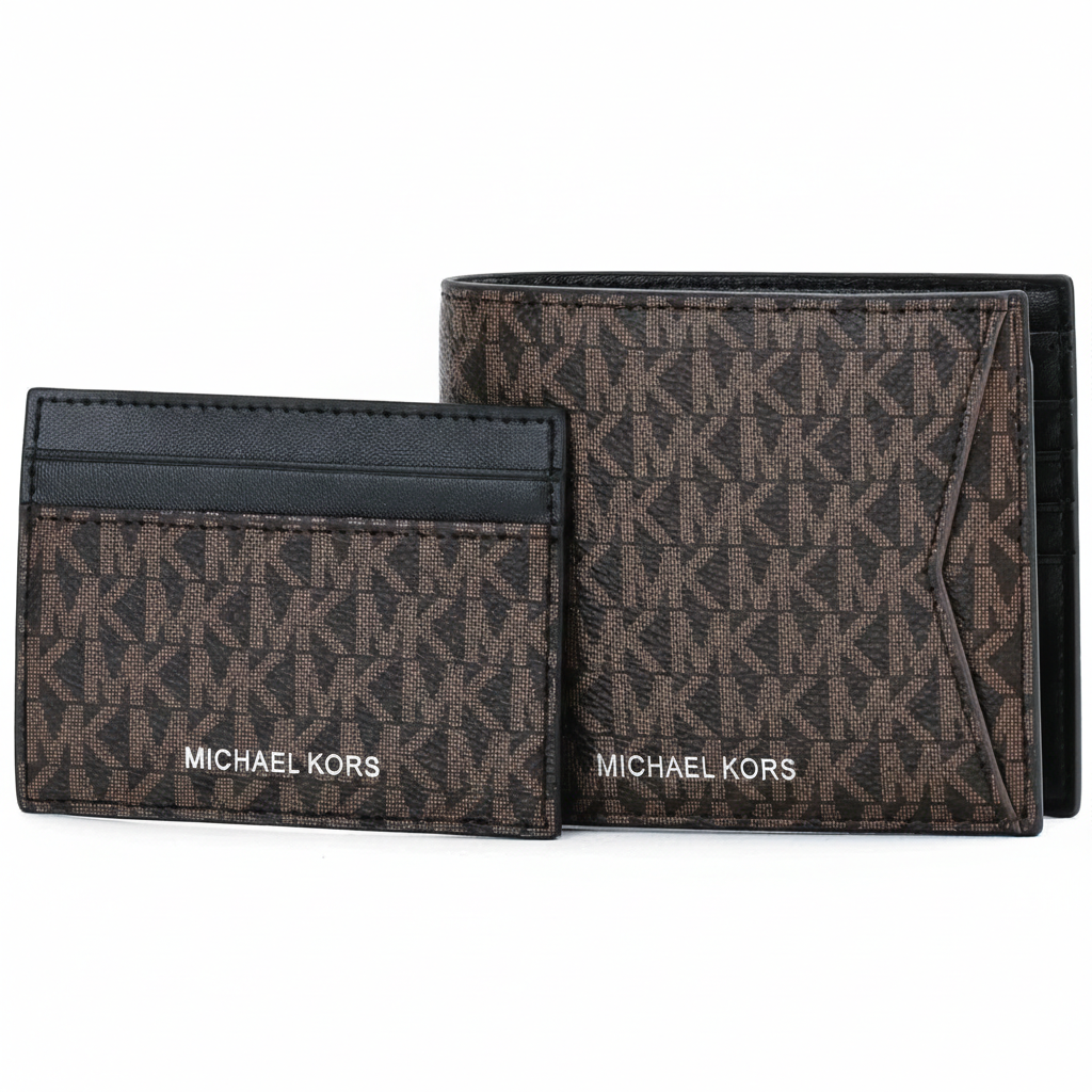 Front view of a standing Michael Kors men's brown bifold wallet and matching cardholder, both showcasing the all-over MK monogram pattern and silver metal logo lettering