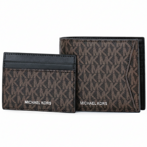 Front view of a standing Michael Kors men's brown bifold wallet and matching cardholder, both showcasing the all-over MK monogram pattern and silver metal logo lettering