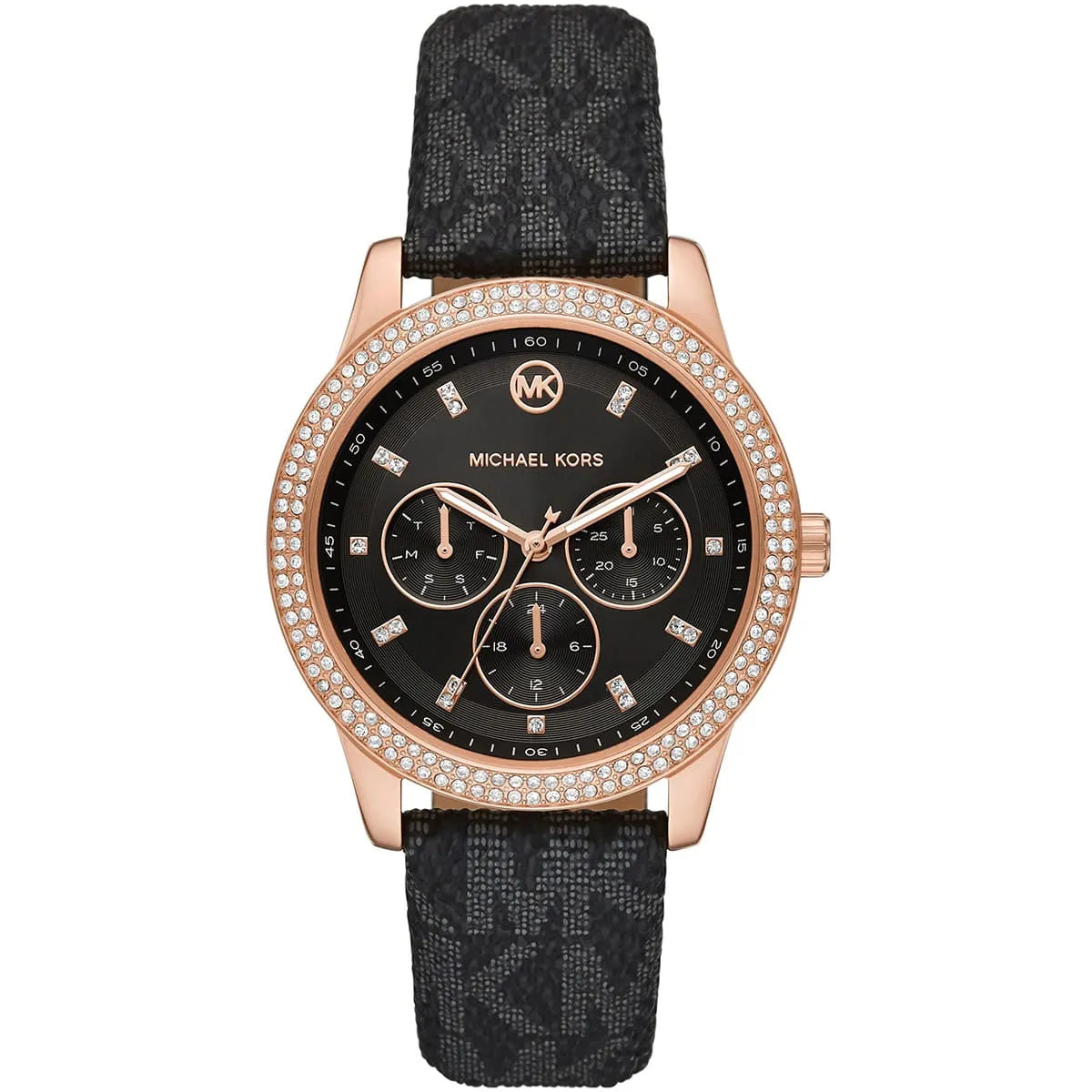 Original Michael Kors MK6968 Camille rose gold-tone watch with black MK logo strap - Luxury Hub Egypt