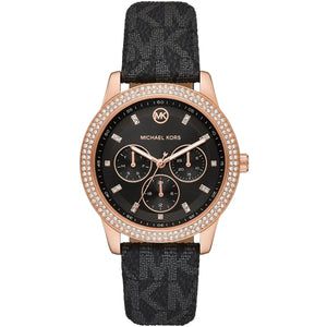 Original Michael Kors MK6968 Camille rose gold-tone watch with black MK logo strap - Luxury Hub Egypt