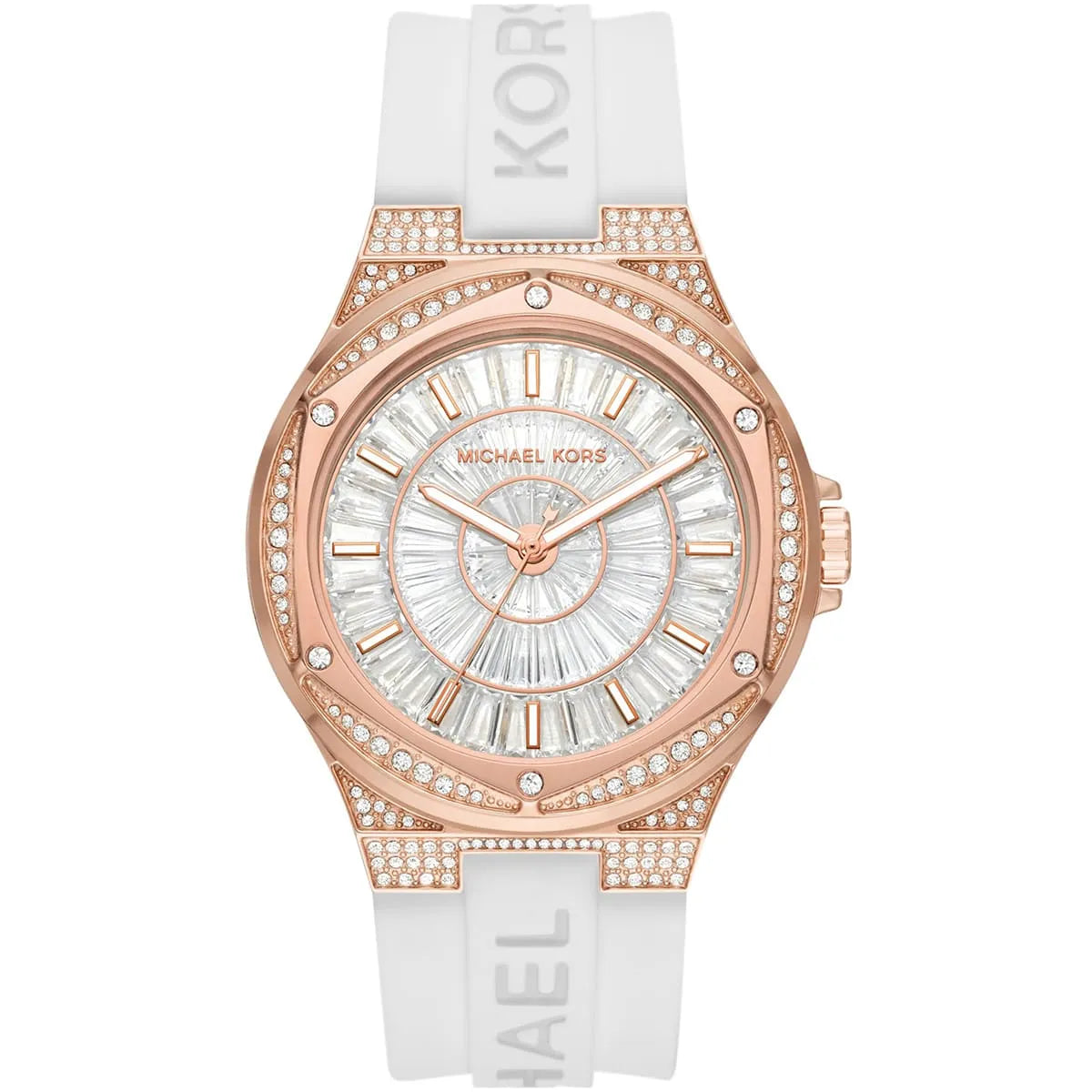 Michael Kors MK7248 Camille Women's Watch Rose Gold Crystal Case with White Silicone Strap