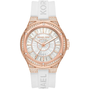 Michael Kors MK7248 Camille Women's Watch Rose Gold Crystal Case with White Silicone Strap