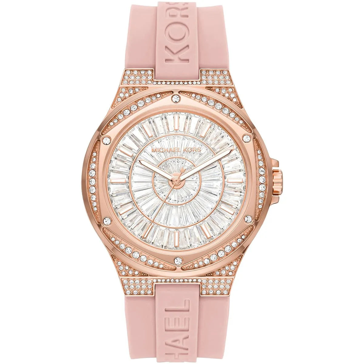 Michael Kors MK7334 Camille Women's Watch Rose Gold Crystal Case with Pink Silicone Strap