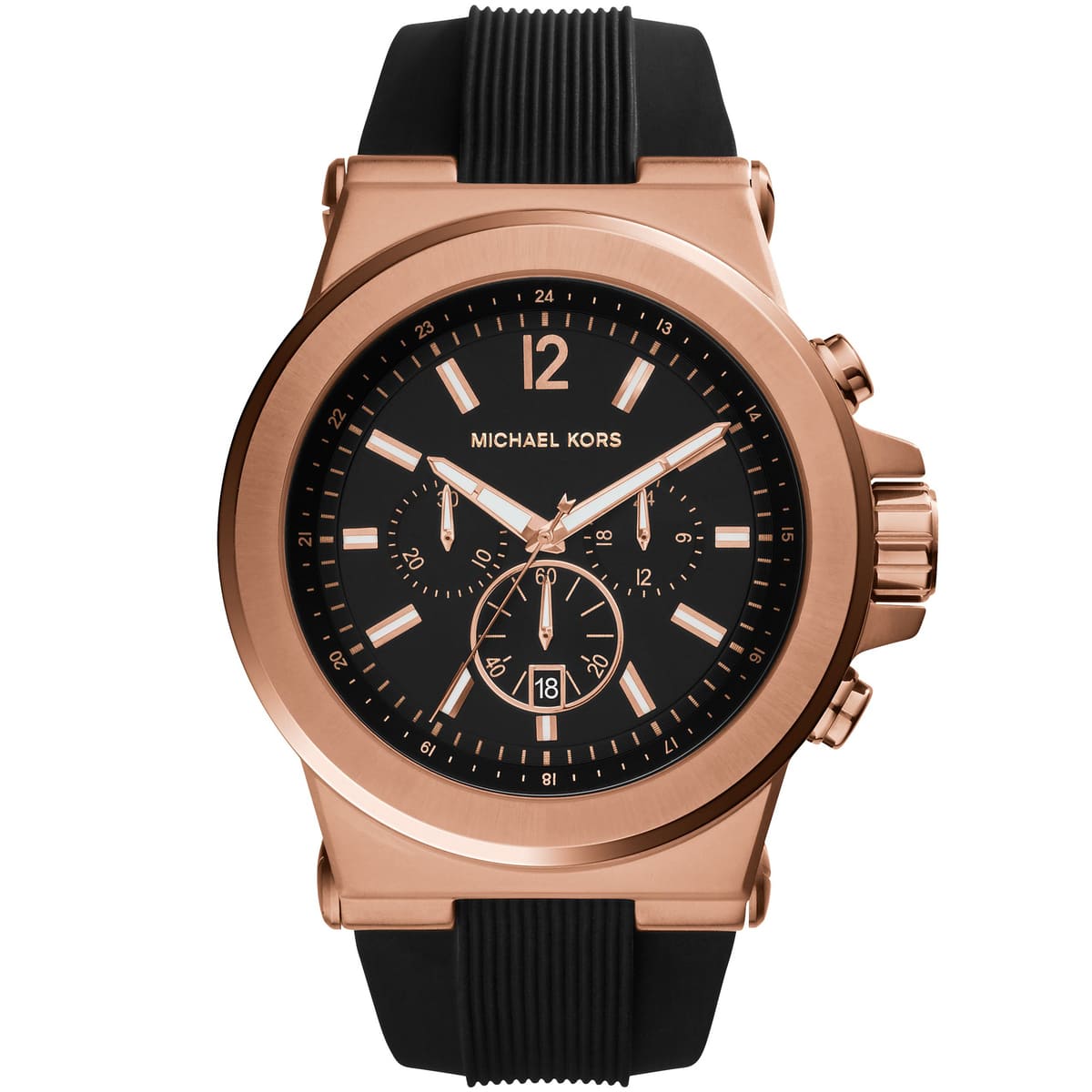 Michael Kors Dylan MK8184 men's chronograph watch in rose gold-tone with black rubber strap